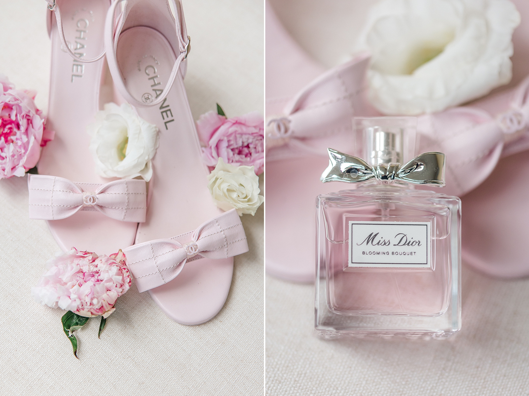 pink bridal shoes and perfume