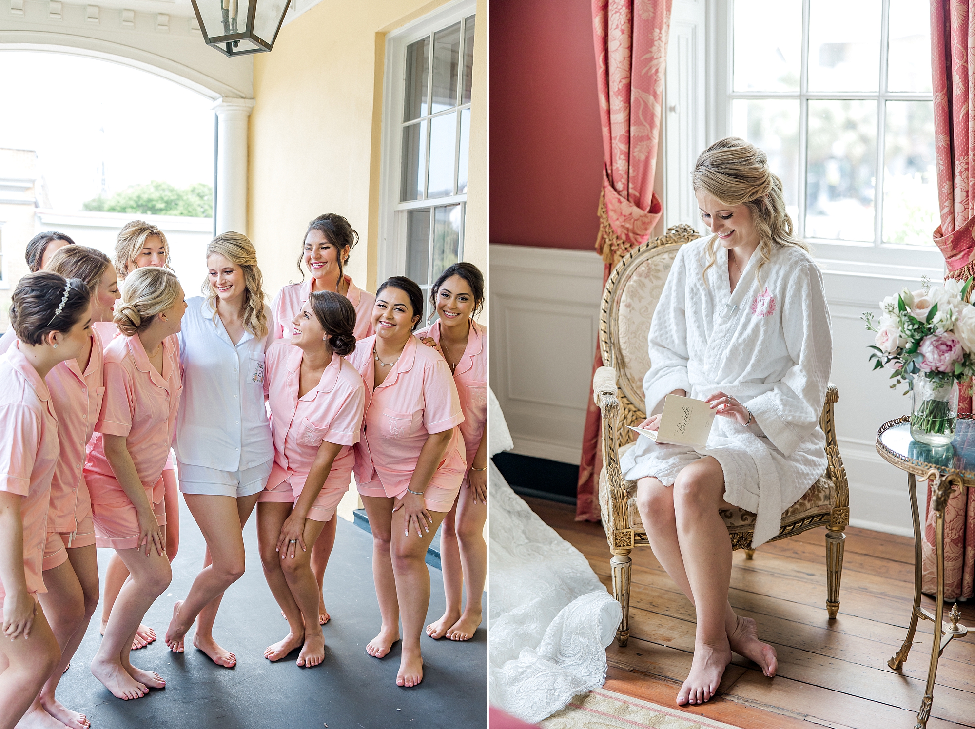 bride with her bridesmaids in pink robes