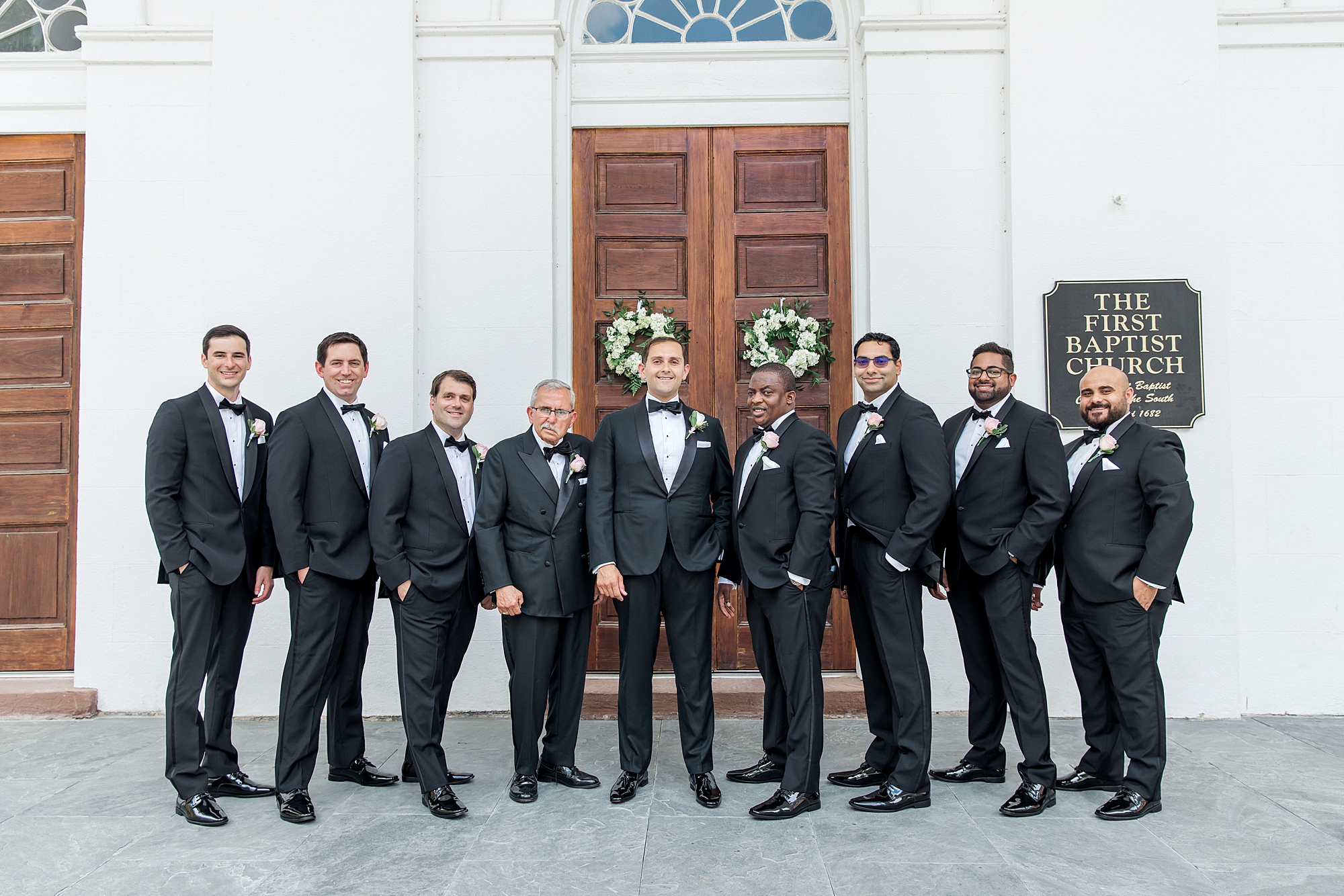 groom and groomsmen outside Charleston SC church