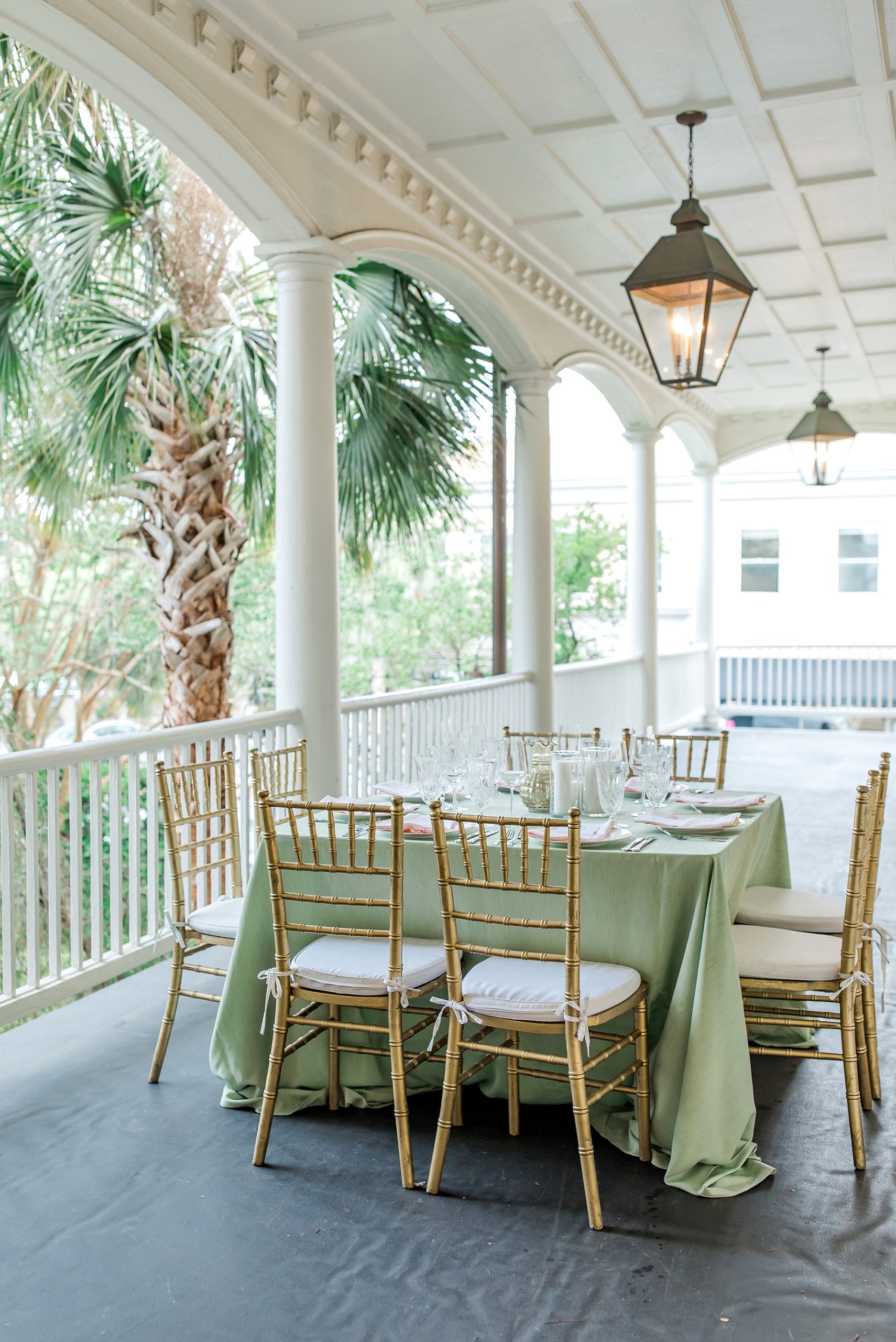 tables set up on porch for Wedding reception at William Aiken House