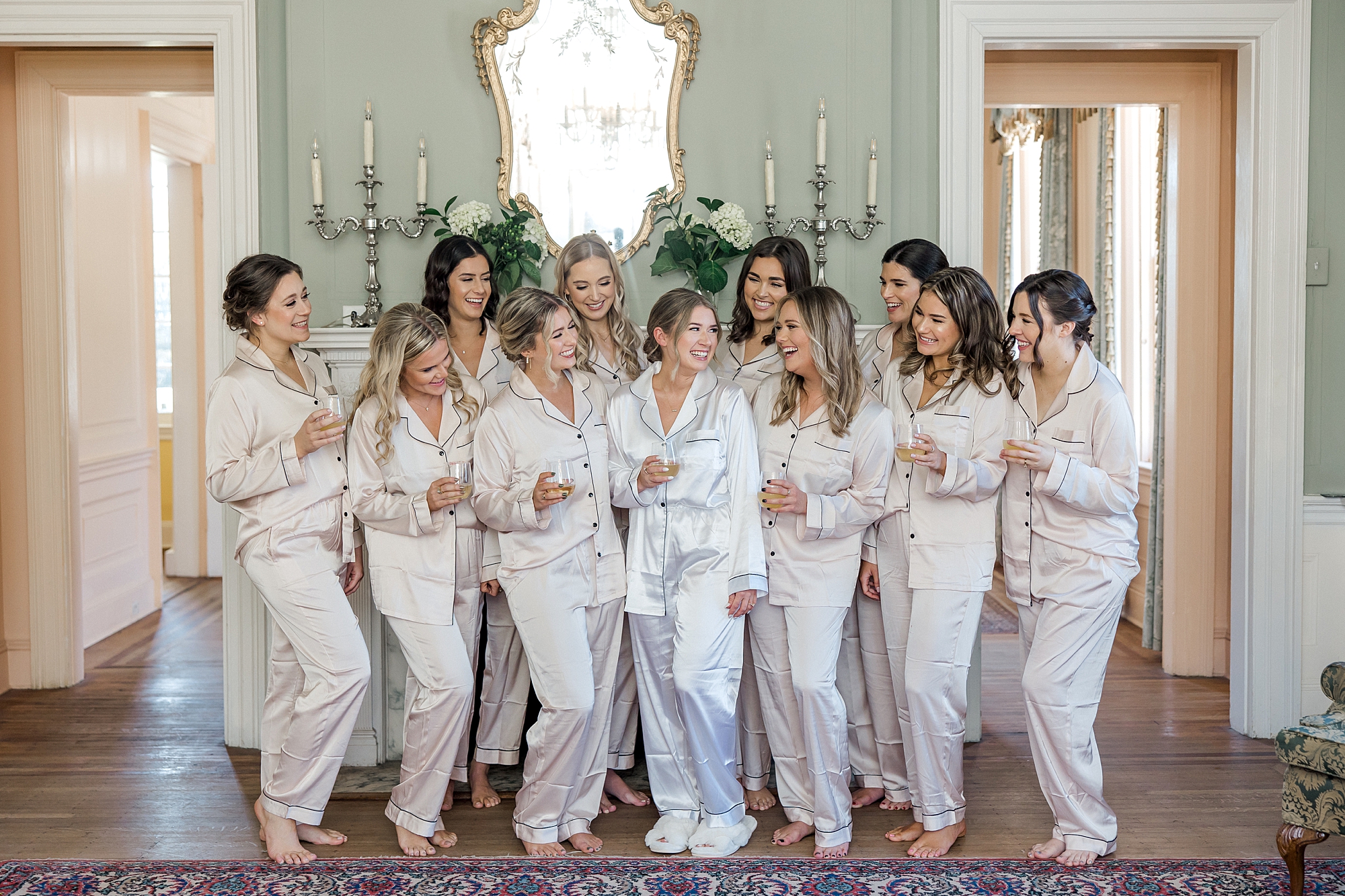 bride and bridesmaids in matching silk pajamas