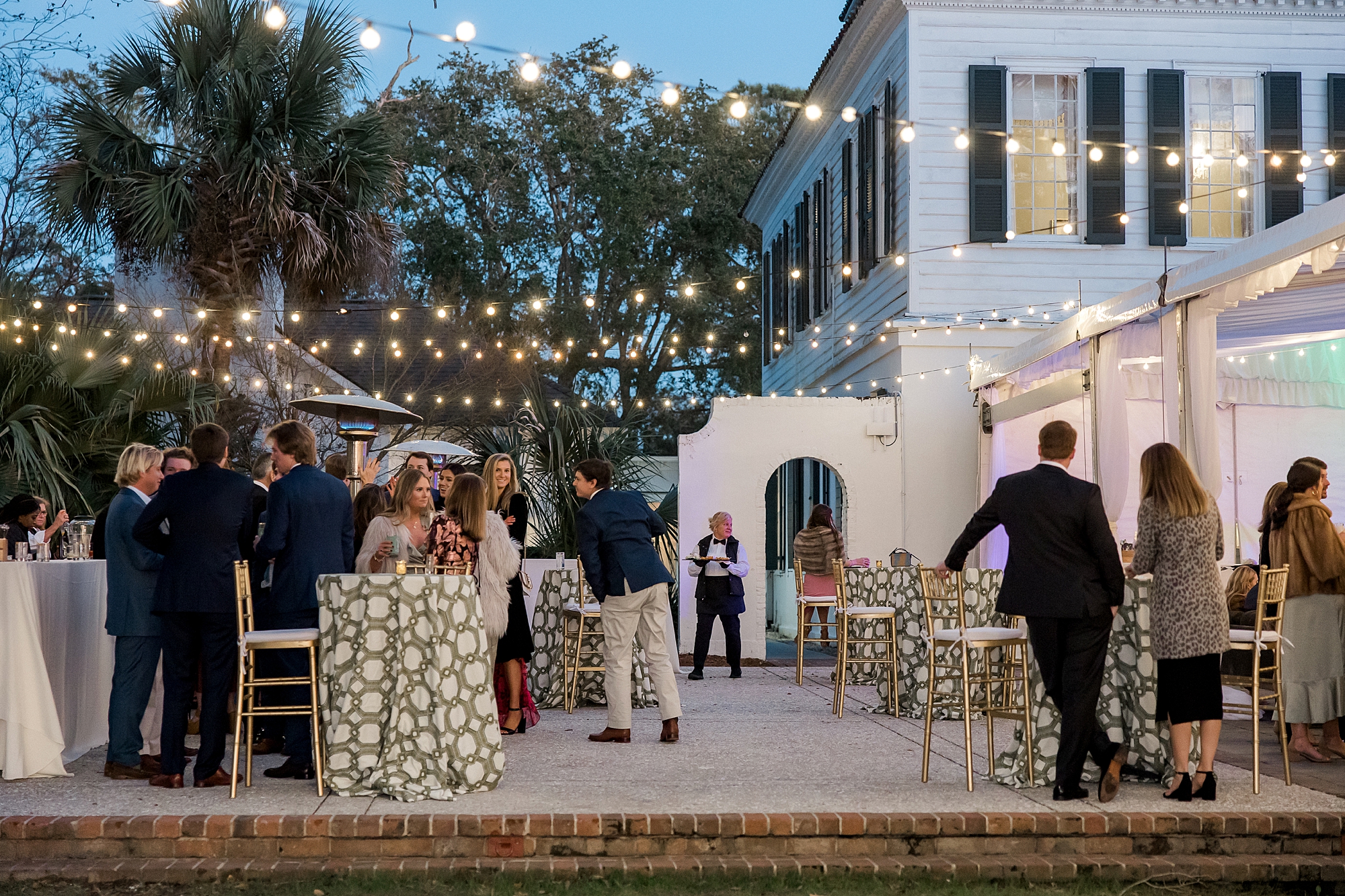 twinkling lights decorate outdoor patio at Lowndes Grove