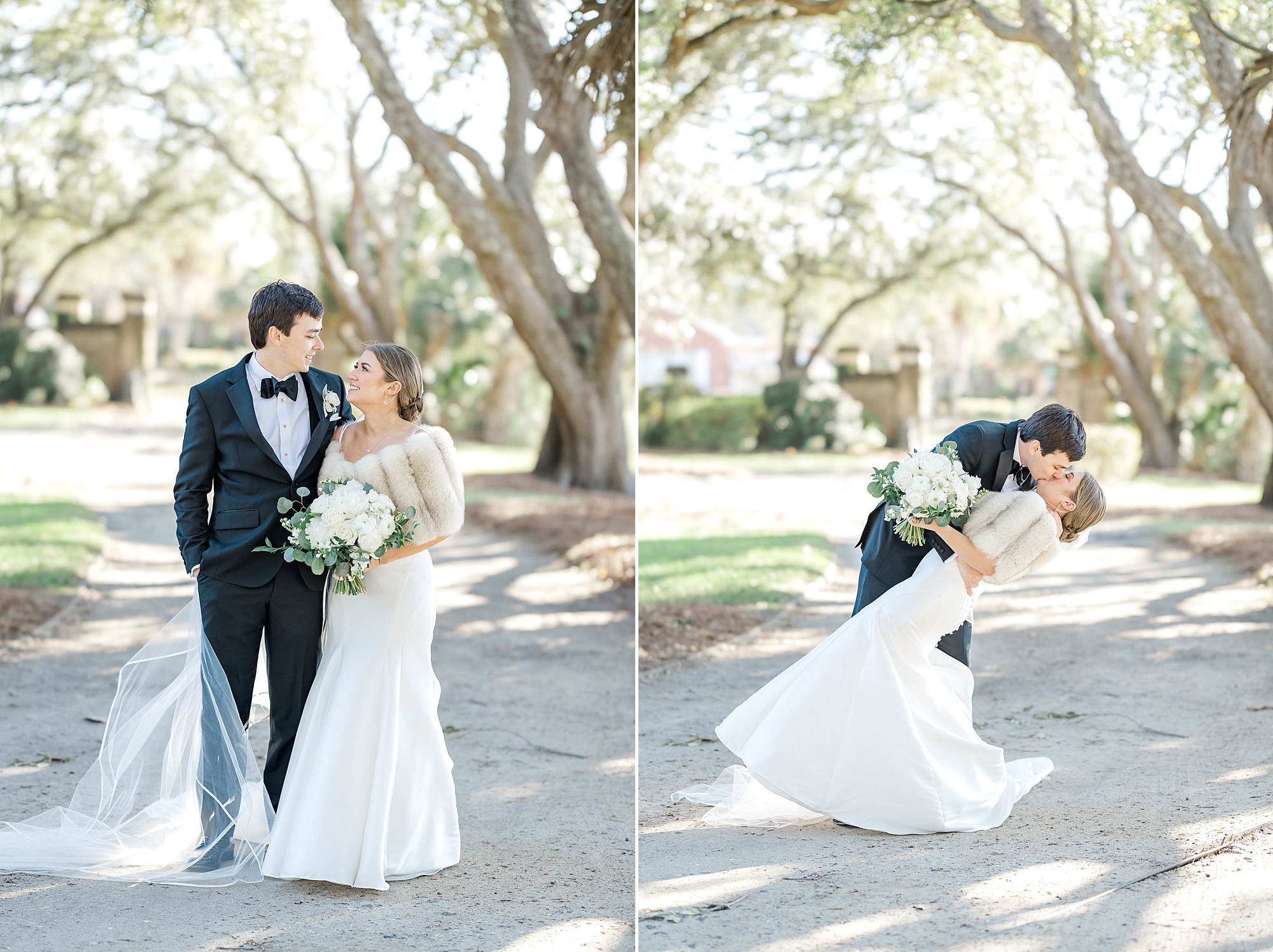 bride and groom portraits under live oaks