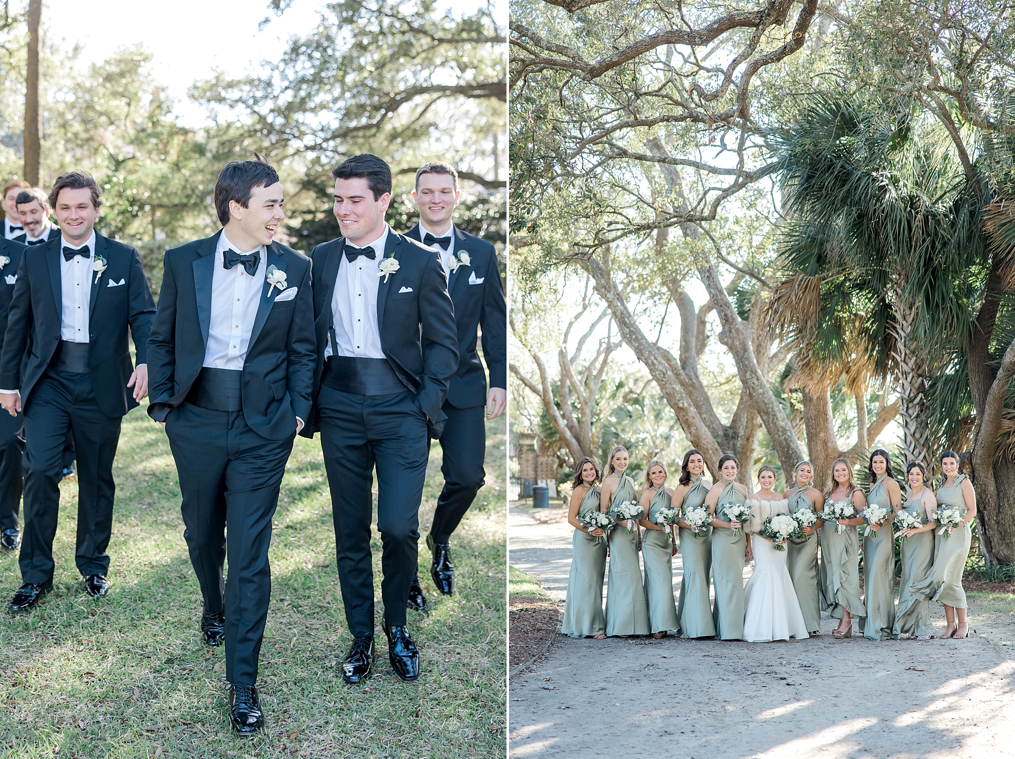 wedding party portraits from Charleston winter wedding at Lowndes Grove