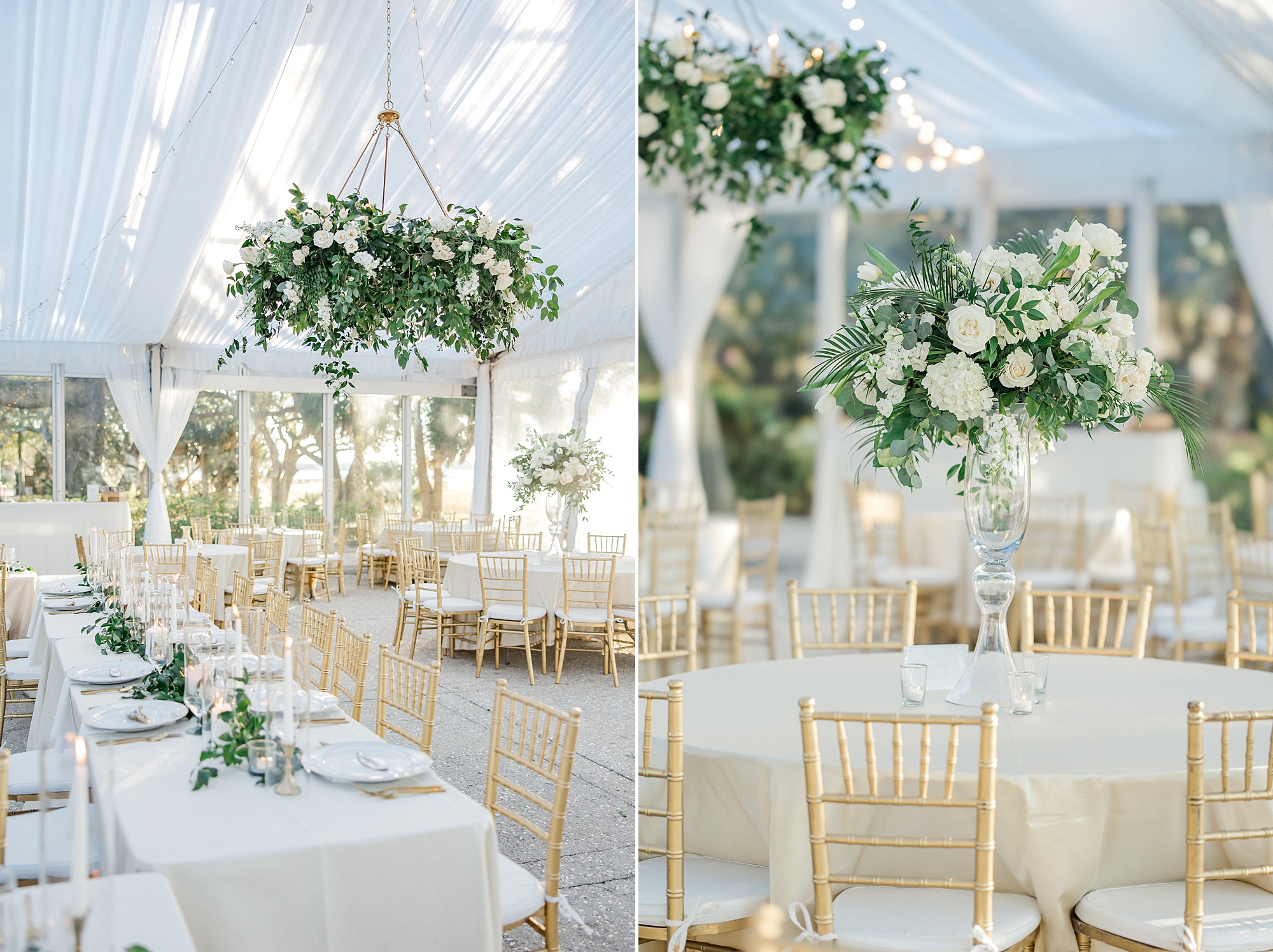 flower arrangements hang from ceiling at Lowndes Grove Wedding reception