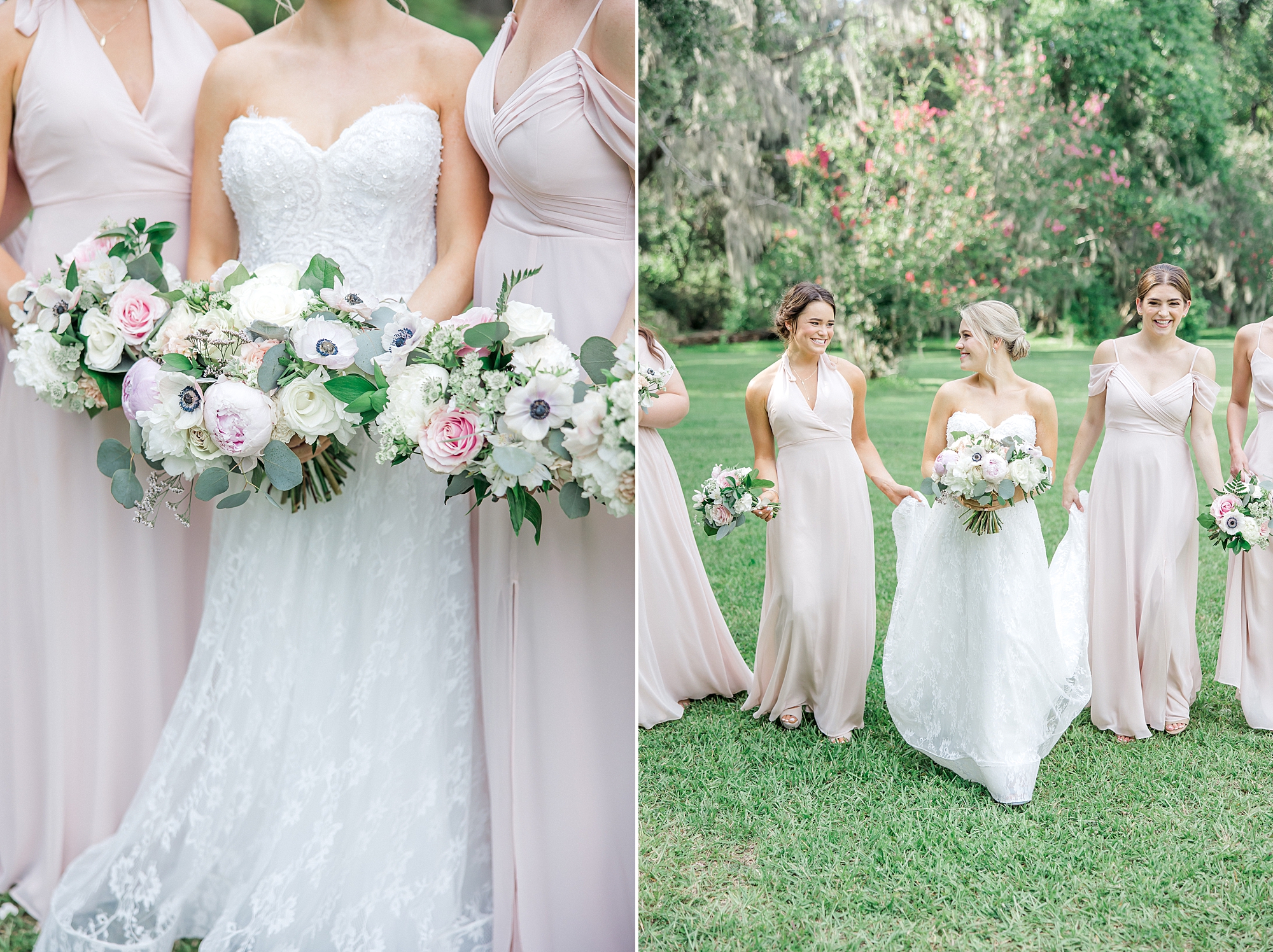 bride and bridesmaids hold white and blush pink wedding flower bouquets