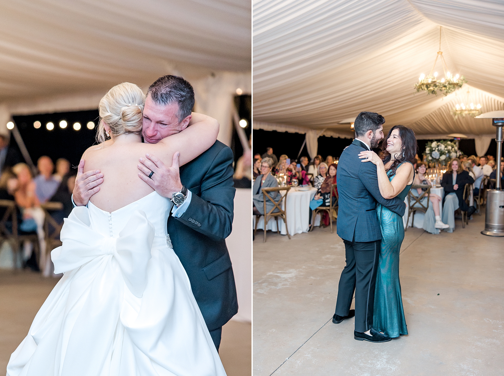 bride and groom dance with their parents at wedding reception