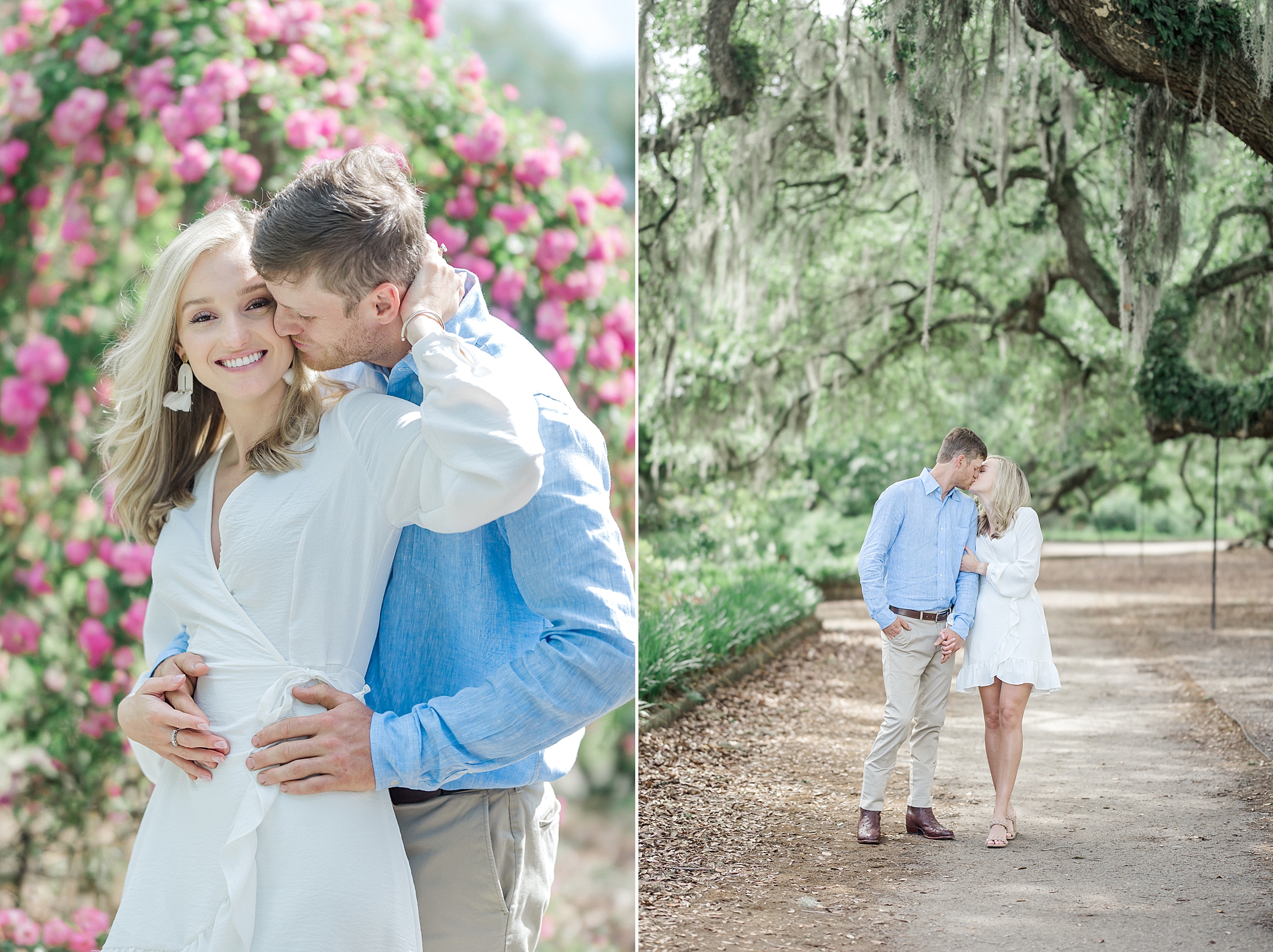 engaged couple kiss during portrait session in Charleston