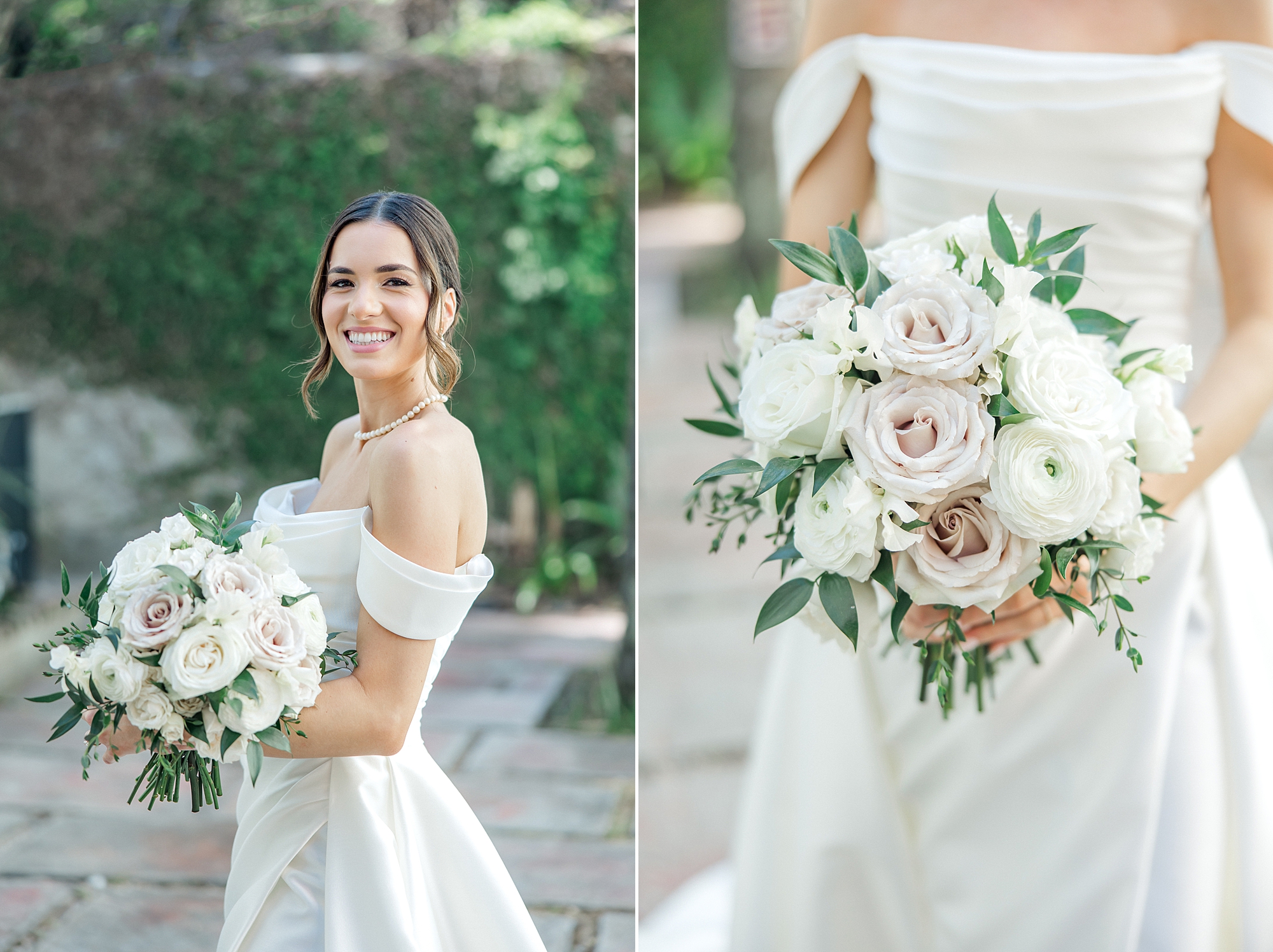 bride holding light and classic bridal bouquet