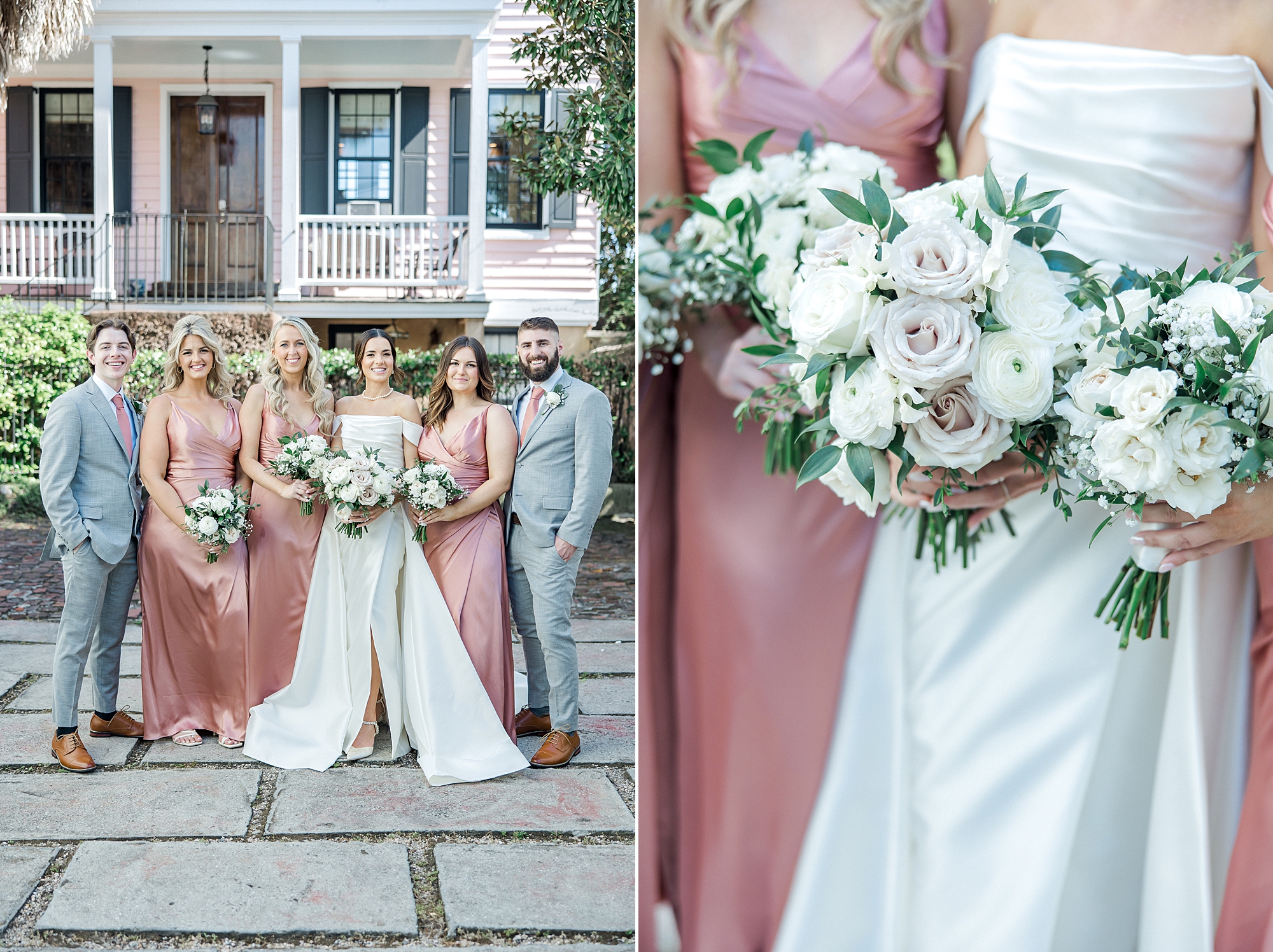 bride and bridal party holding romantic bridal bouquets