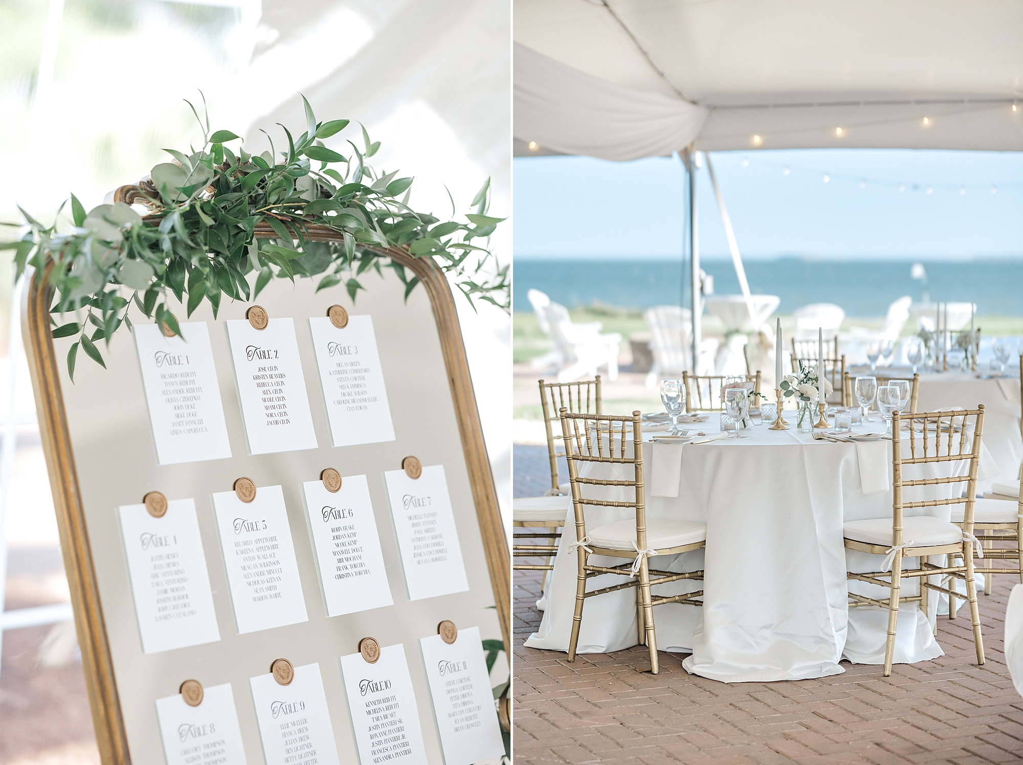 elegant seating chart and wedding details from Waterfront Charleston Wedding at Patriots Point Links