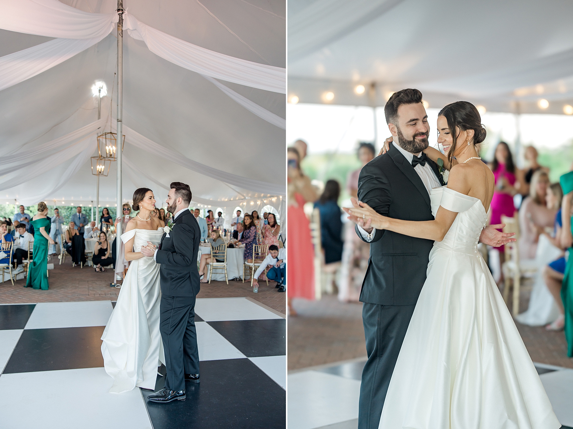 bride and groom share their first dance together