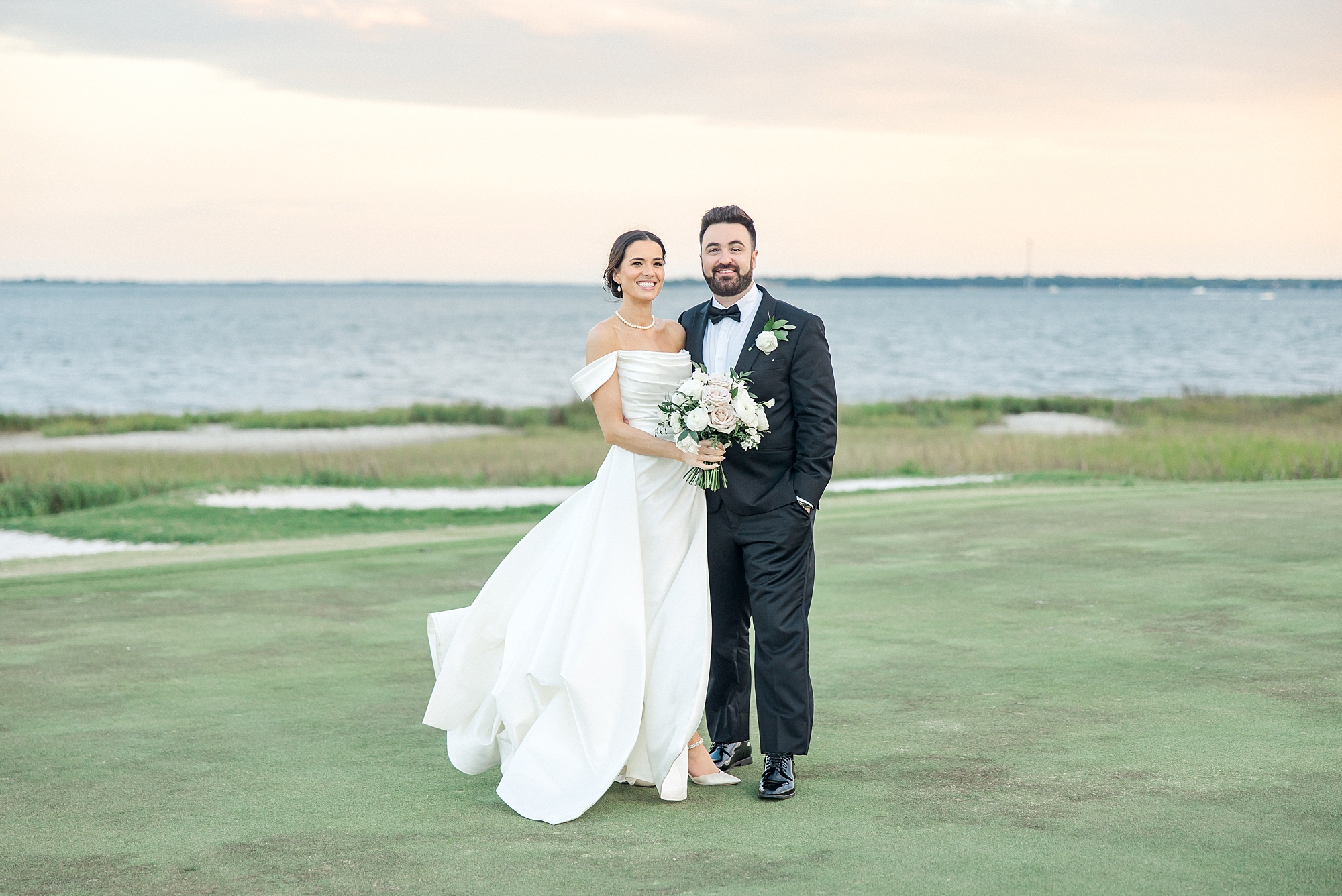 sunset wedding portraits from Charleston wedding at Patriots Point Links