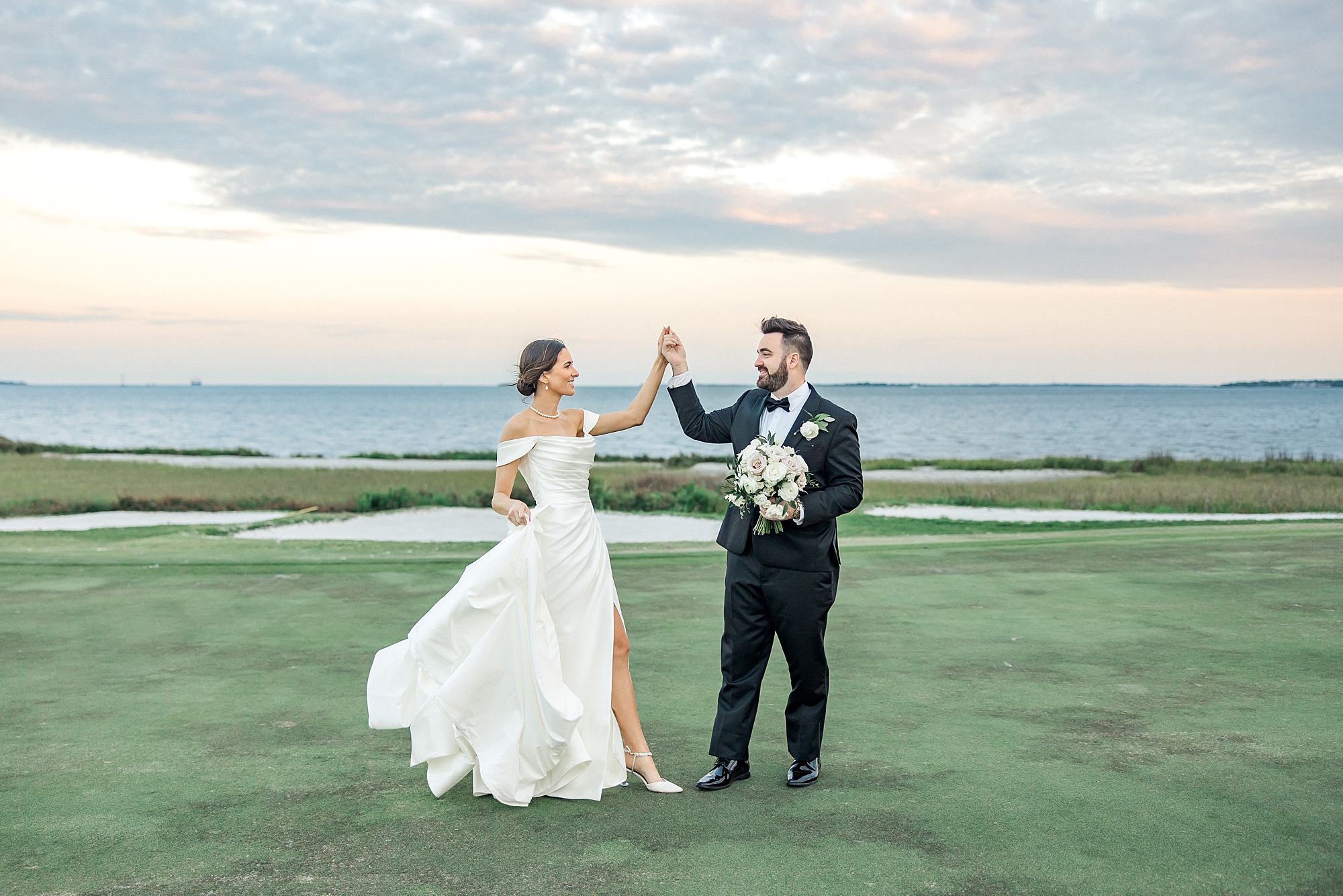 Newlywed portraits at sunset from Waterfront Charleston Wedding at Patriots Point Links