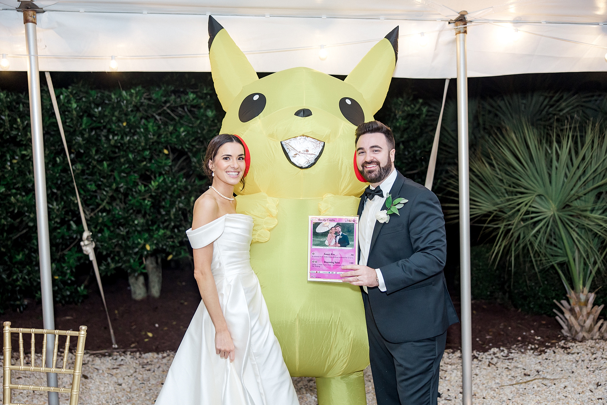 newlyweds with bride's brother dressed as pikachu