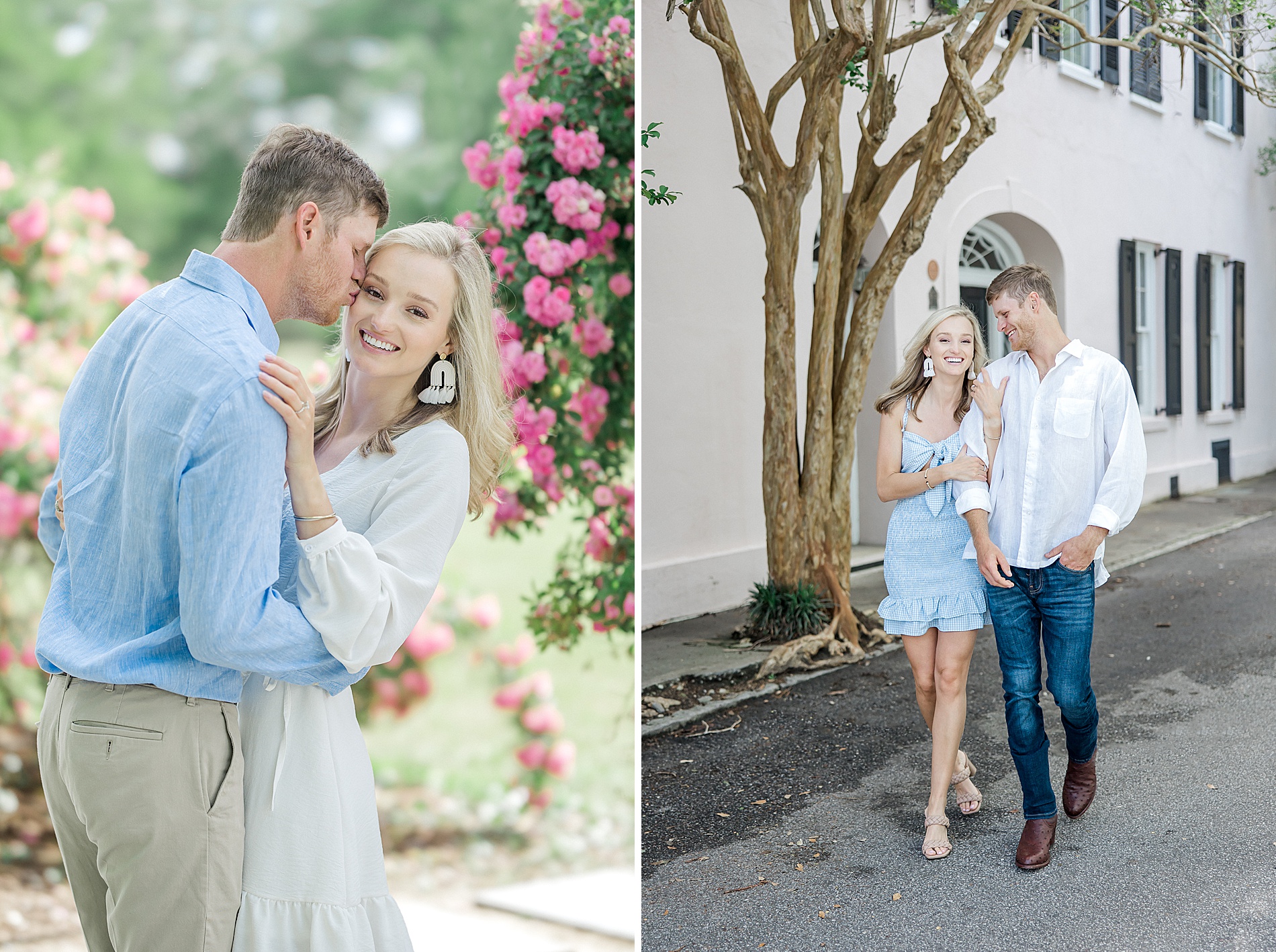 couple walk down together during engagement session in Charleston