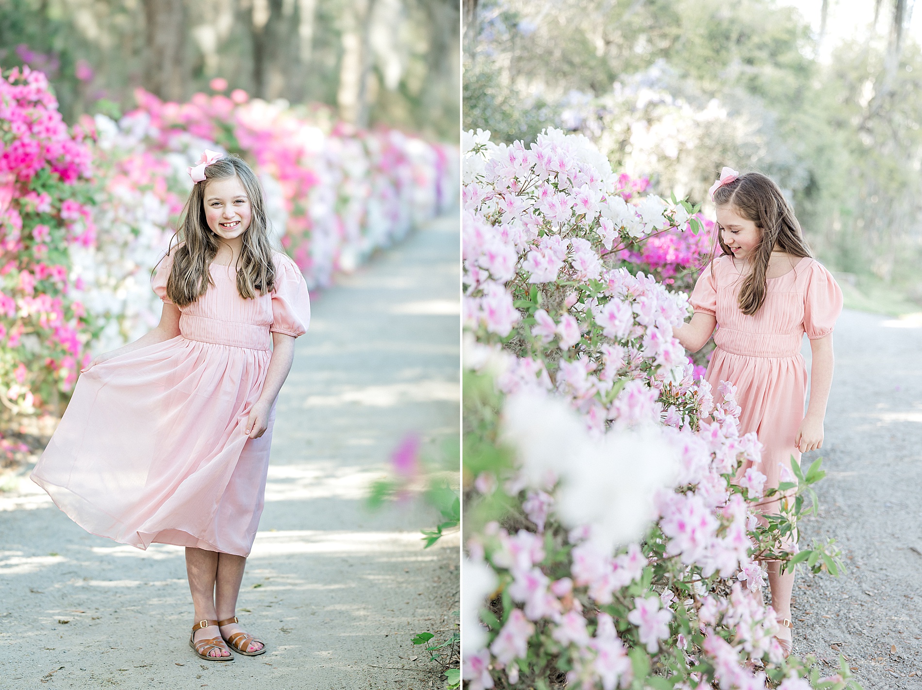 two girls smell the azalea blooms at Middleton Place
