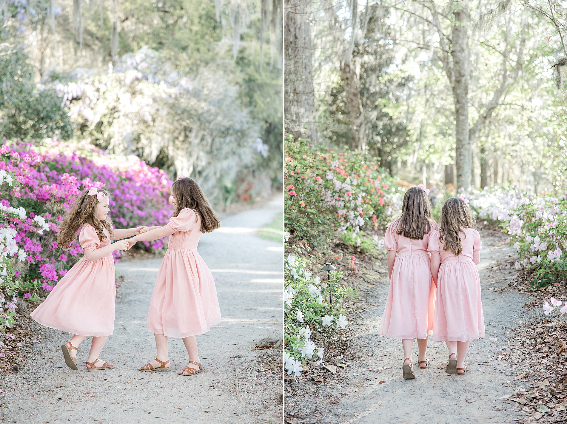 sisters walk together down garden path