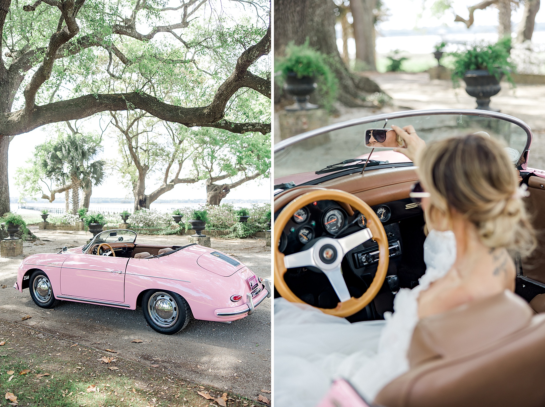 bride sits in pink Porsche