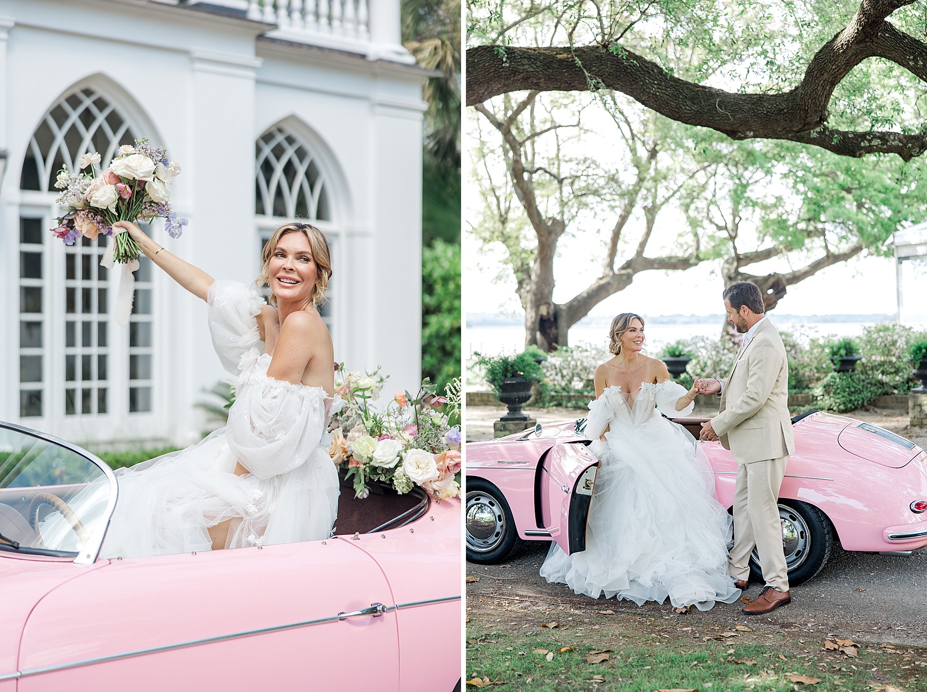 Bride in pink Porsche from spring wedding