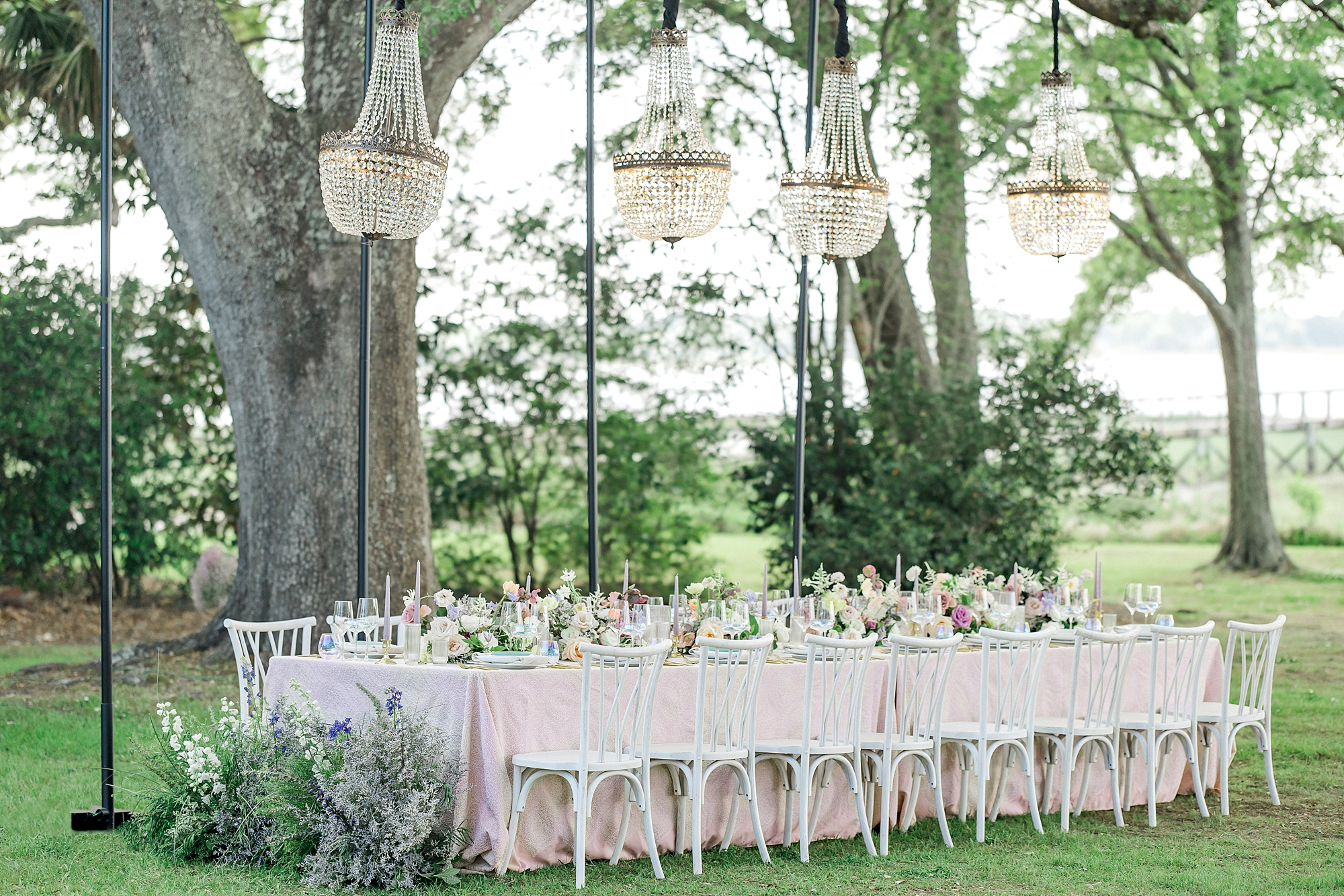 outdoor tablescape from Luxury Spring Wedding Editorial at Lowndes Grove
