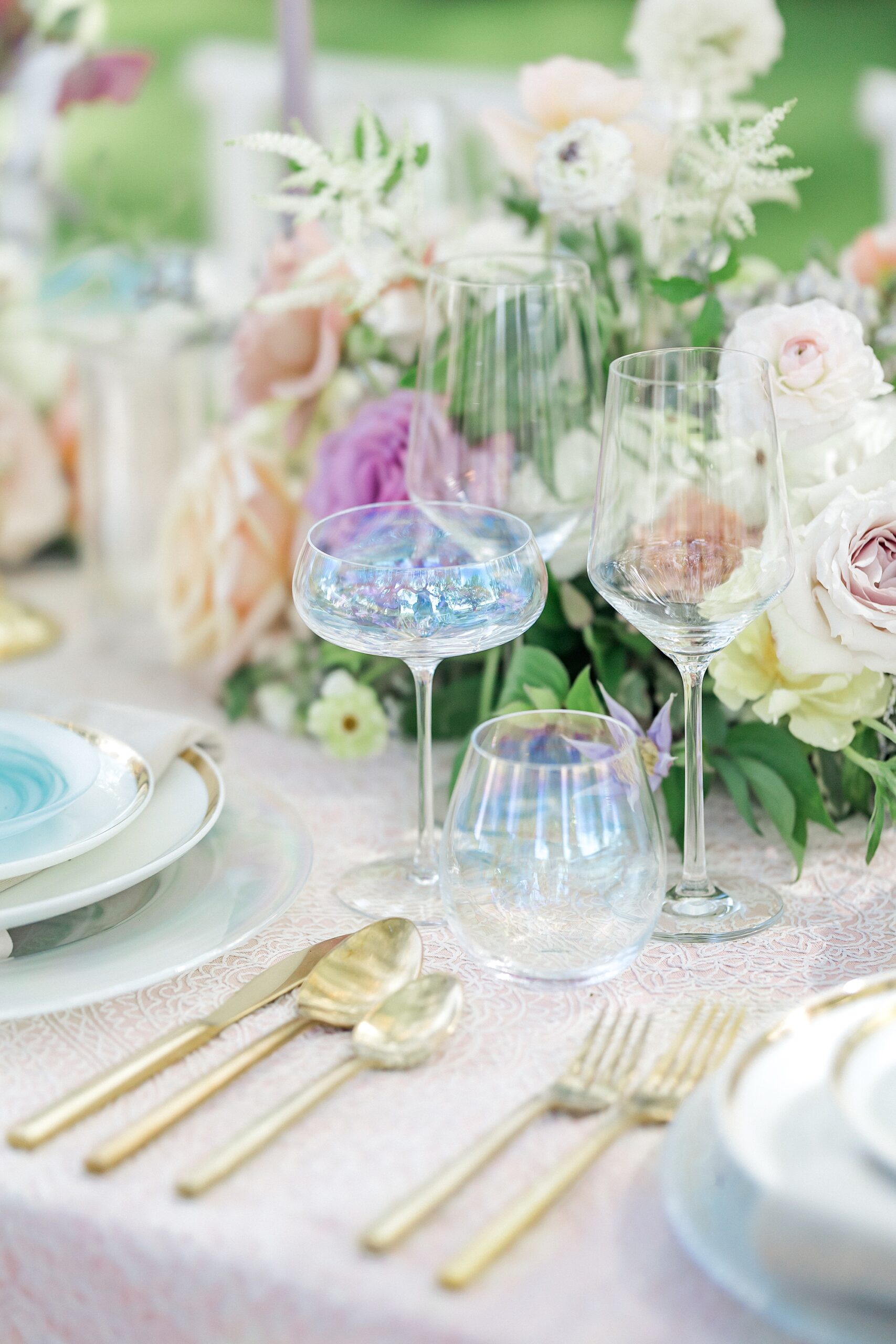 glassware and silverware from wedding reception at Lowndes Grove