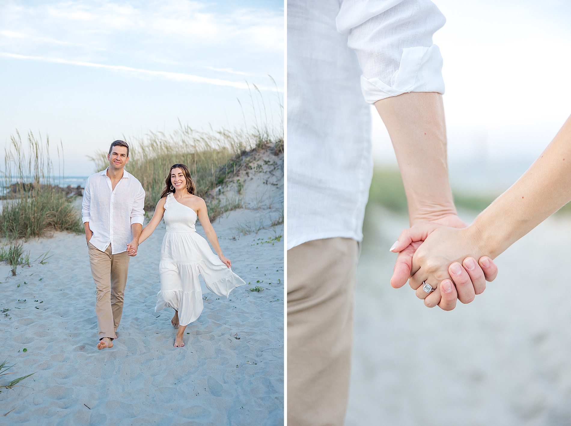 engaged couple hold hands walking on Folly beach