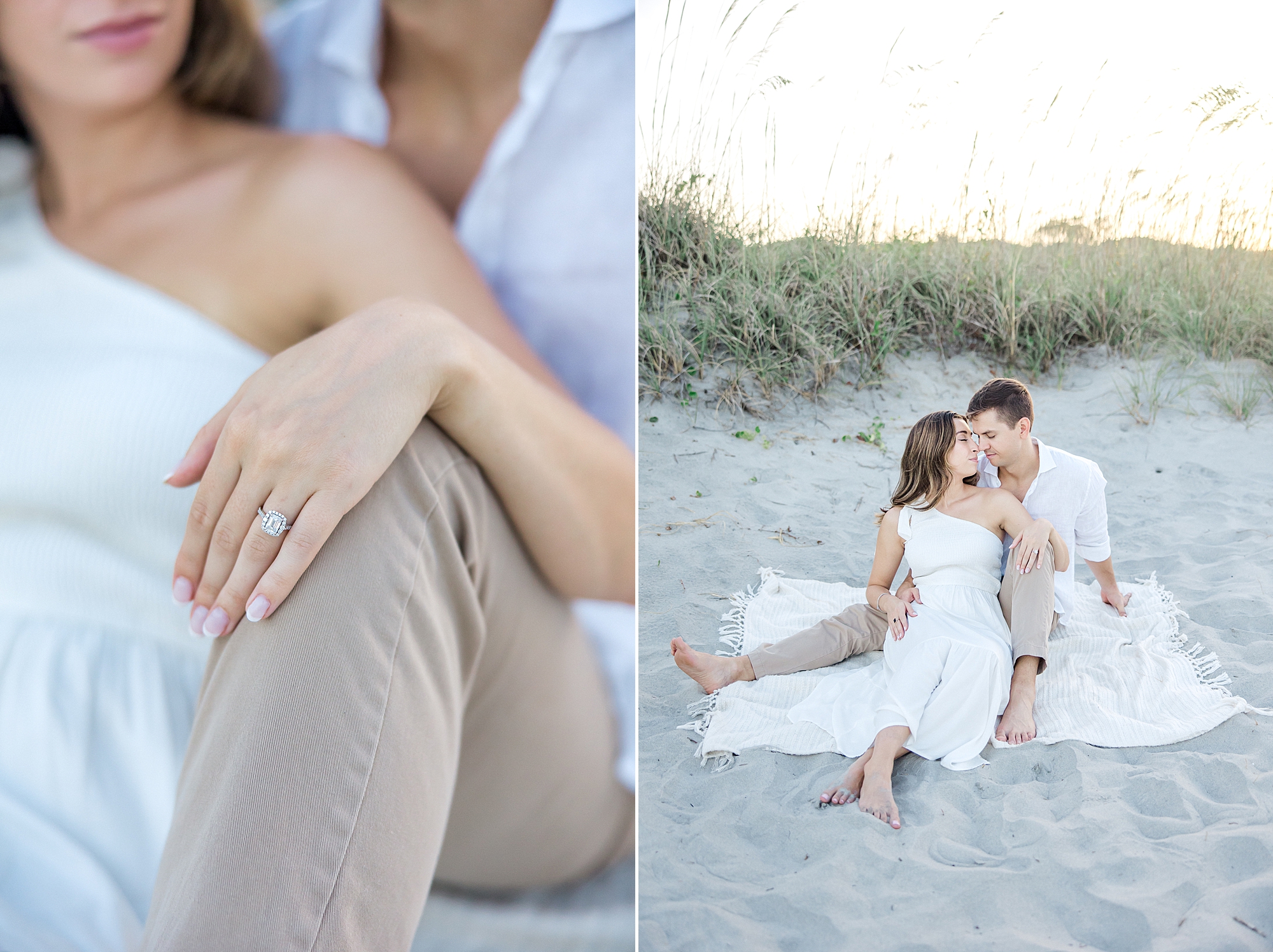 couple sit in the sand during Engagement session