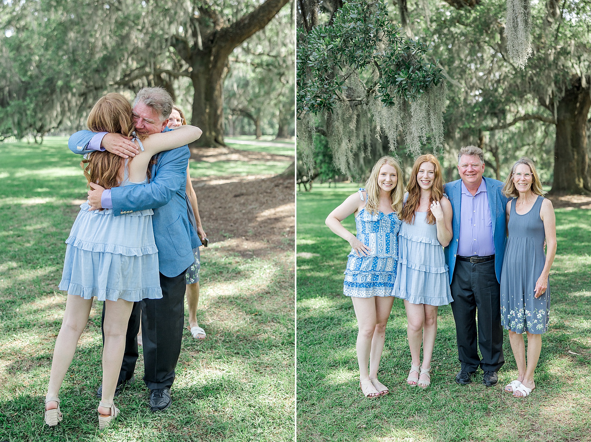 family hugs and congratulates the couple after Romantic Surprise Proposal at Boone Hall