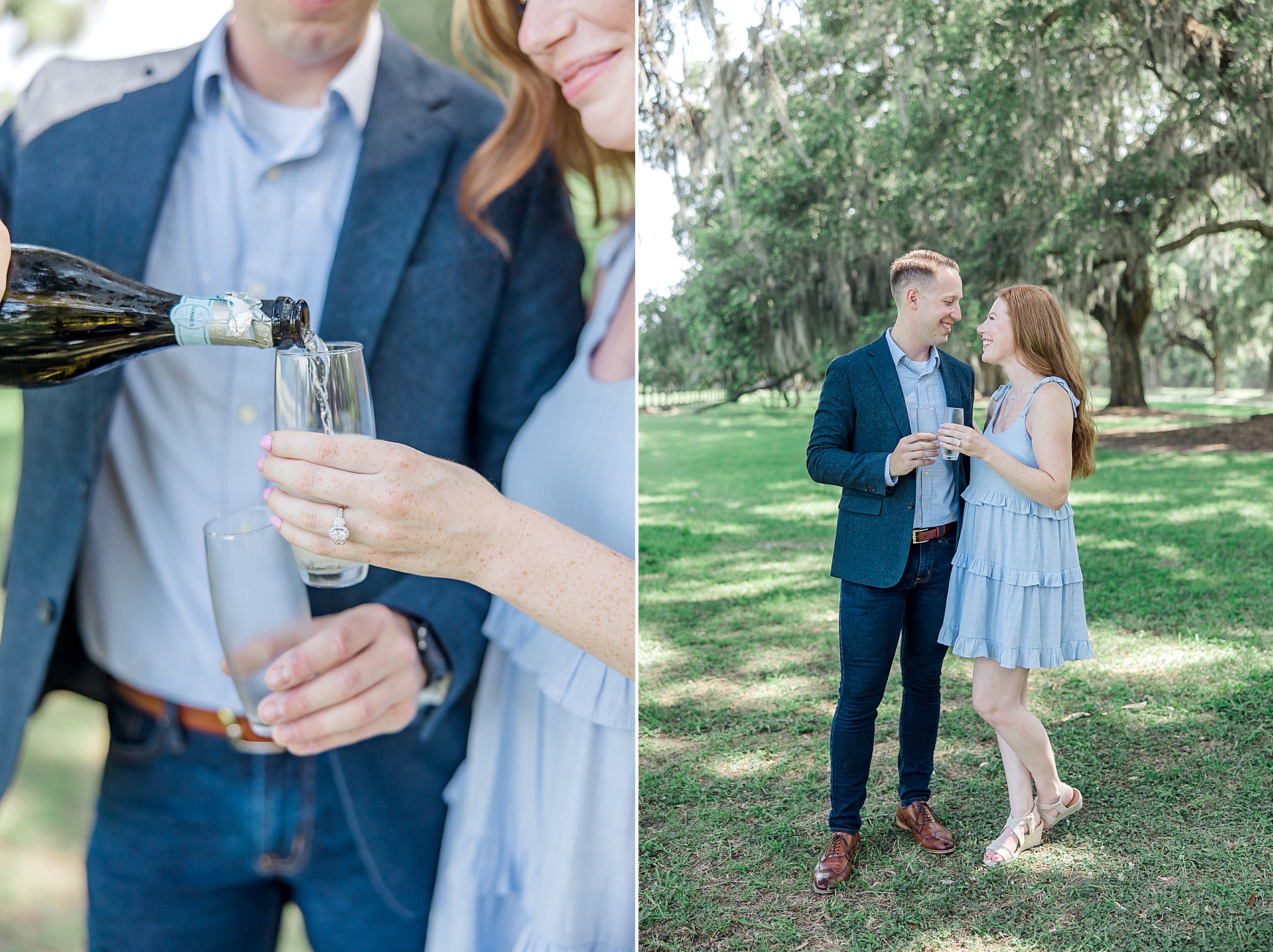 engaged couple pour champagne