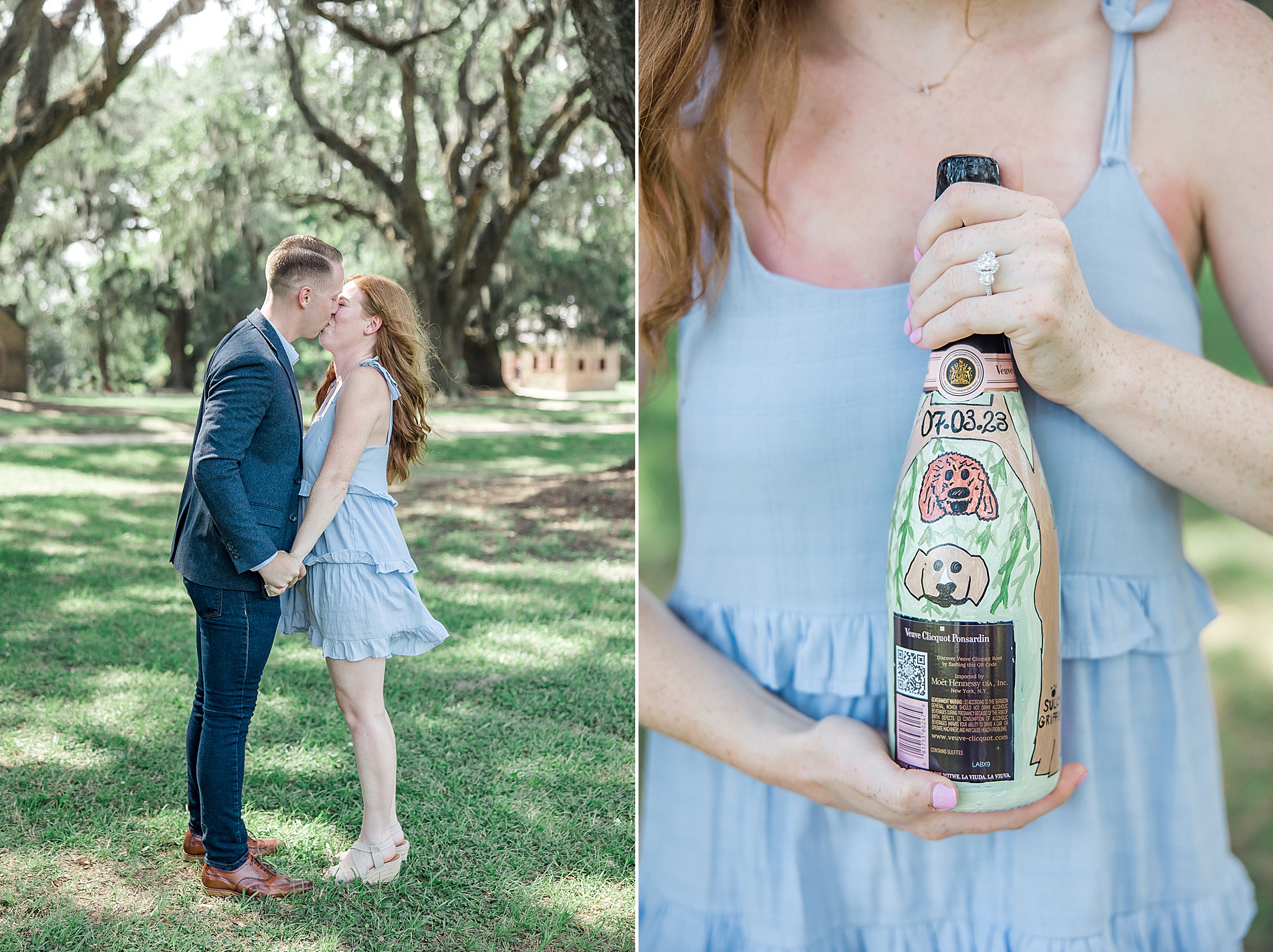 woman holds personalized, hand painted champagne bottle