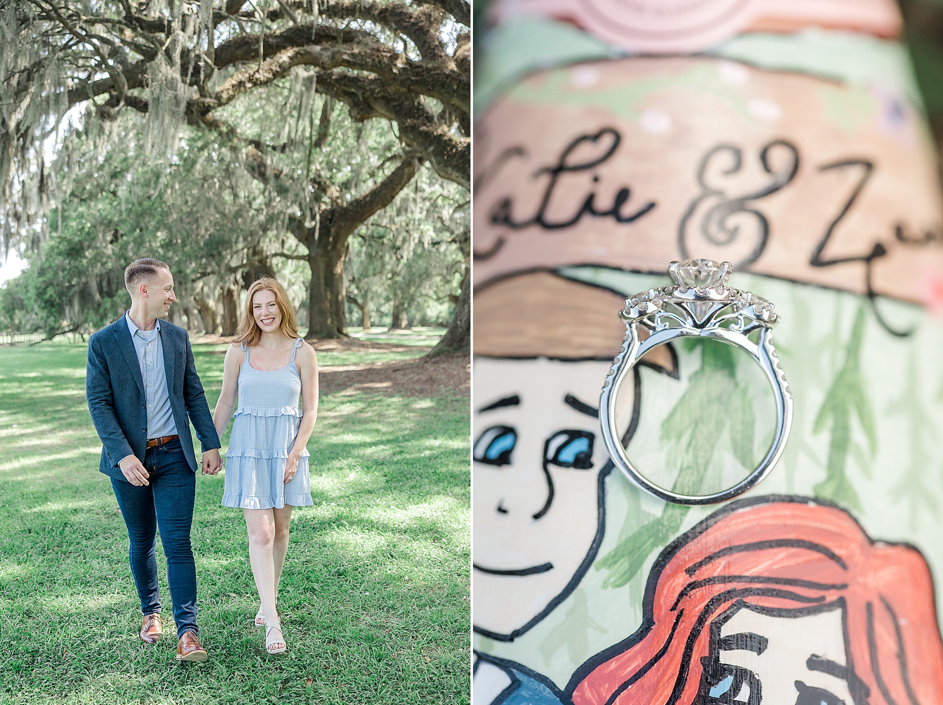 Couple walk the grounds of Boone Hall after proposal