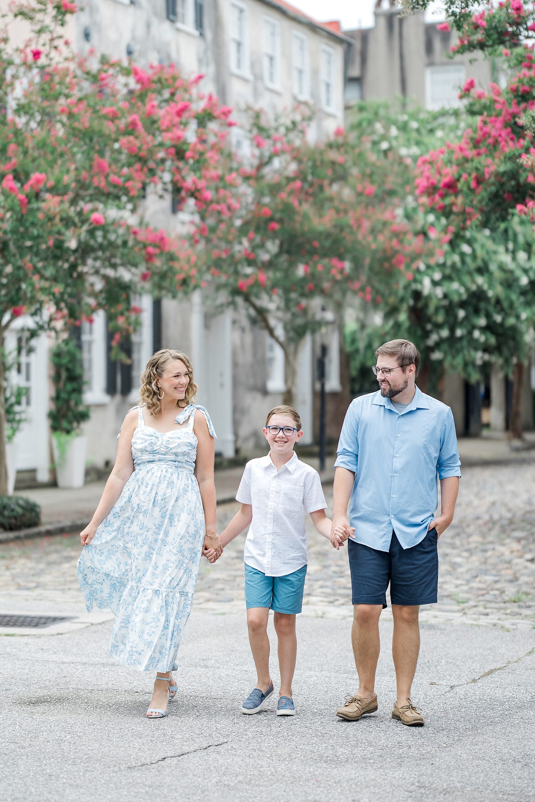 summer family session in downtown Charleston French Quarter
