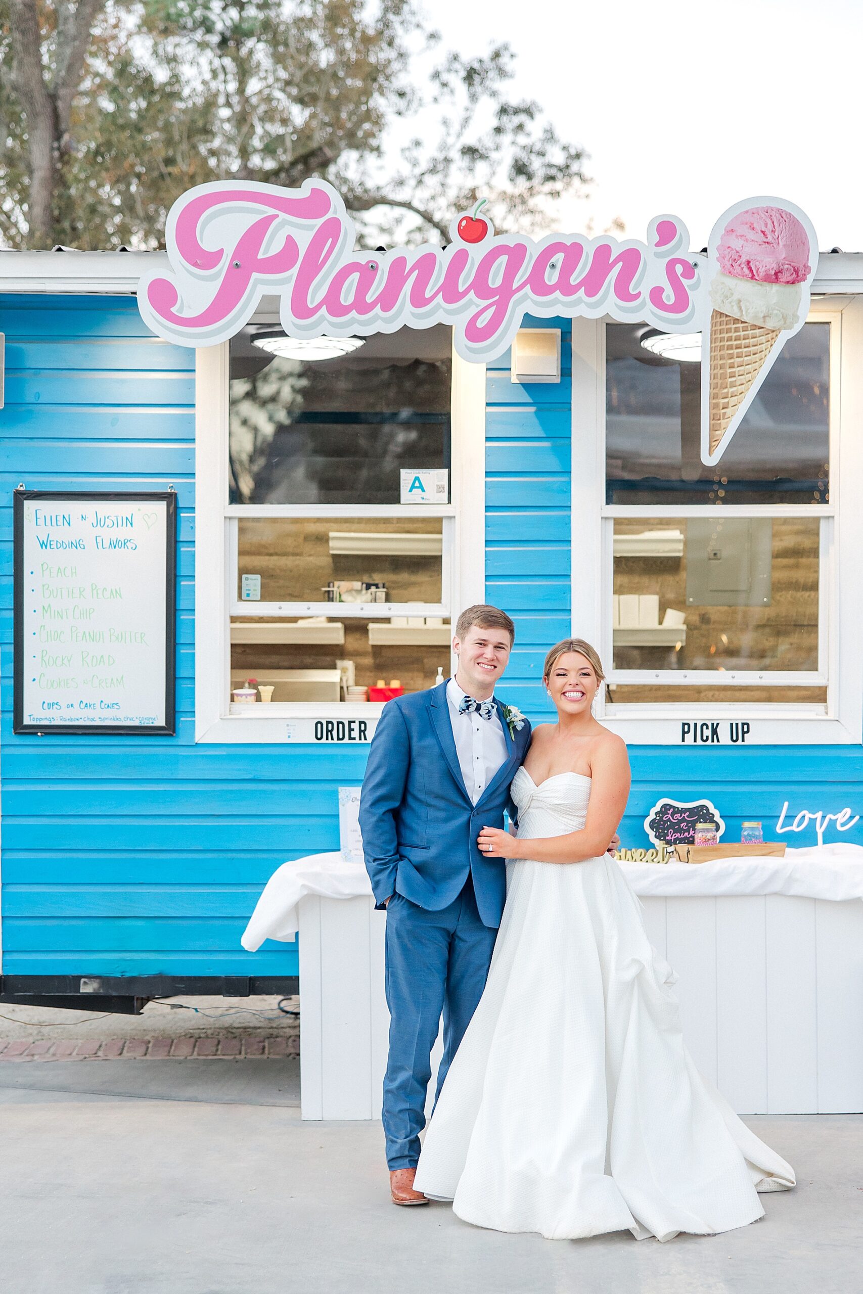bride and groom portraits by ice cream truck
