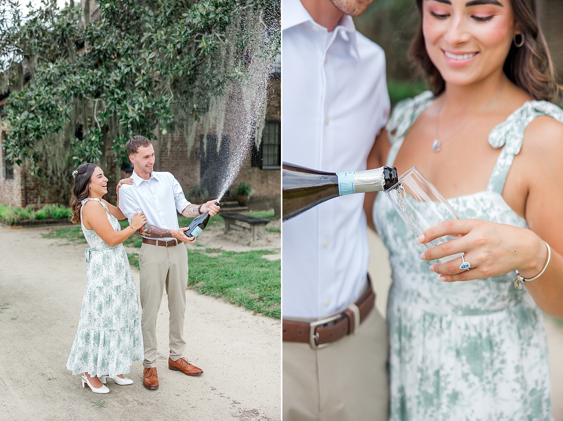 couple celebrate proposal with a toast of champagne
