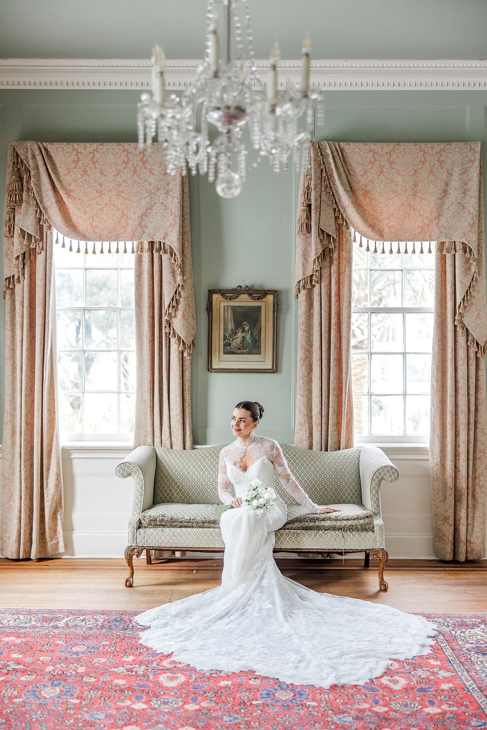 bride sits on couch