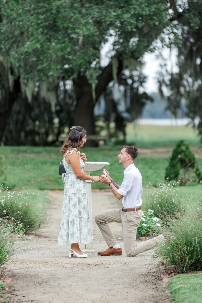 man proposes in garden setting